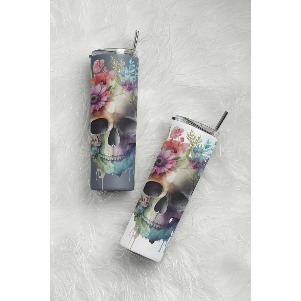 Skull And Watercolor Flowers Tumbler, Skull And Watercolor Flowers Skinny Tumbler, Skulls And Flower Delight Tumbler.png