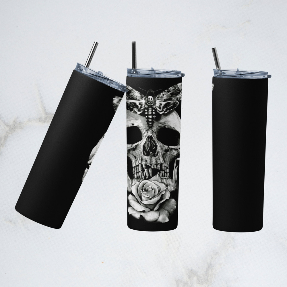 Skulls And Flower Tumbler, Skulls And Flower Skinny Tumbler, Eternal Blooms With Skulls Tumbler.png