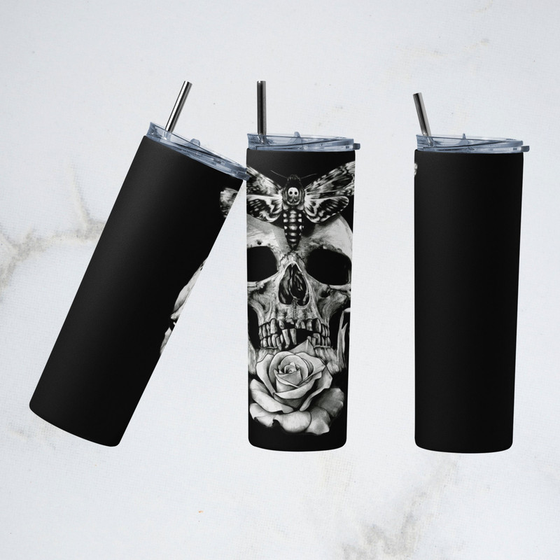 Skulls And Flower Tumbler, Skulls And Flower Skinny Tumbler, Eternal Blooms With Skulls Tumbler.png