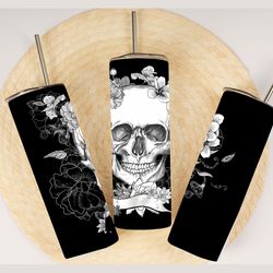 skulls and flower tumbler, skulls and flower skinny tumbler, floral intrigue meets skulls tumbler