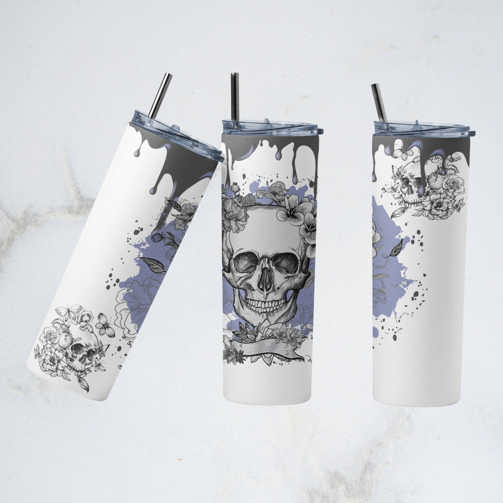 Skulls And Flower Tumbler, Skulls And Flower Skinny Tumbler, Gothic Flair With Floral Accents Tumbler.png