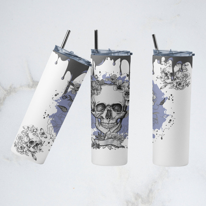 Skulls And Flower Tumbler, Skulls And Flower Skinny Tumbler, Gothic Flair With Floral Accents Tumbler.png