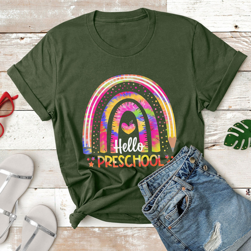 Back To School Rainbow Boho Tie Dye Teacher Hello Preschool T-Shirt - 1.jpg