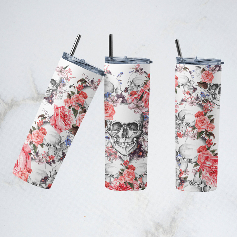 Skulls And Flower Tumbler, Skulls And Flower Skinny Tumbler, Intricate Skulls, Elegant Blossoms Tumbler.png