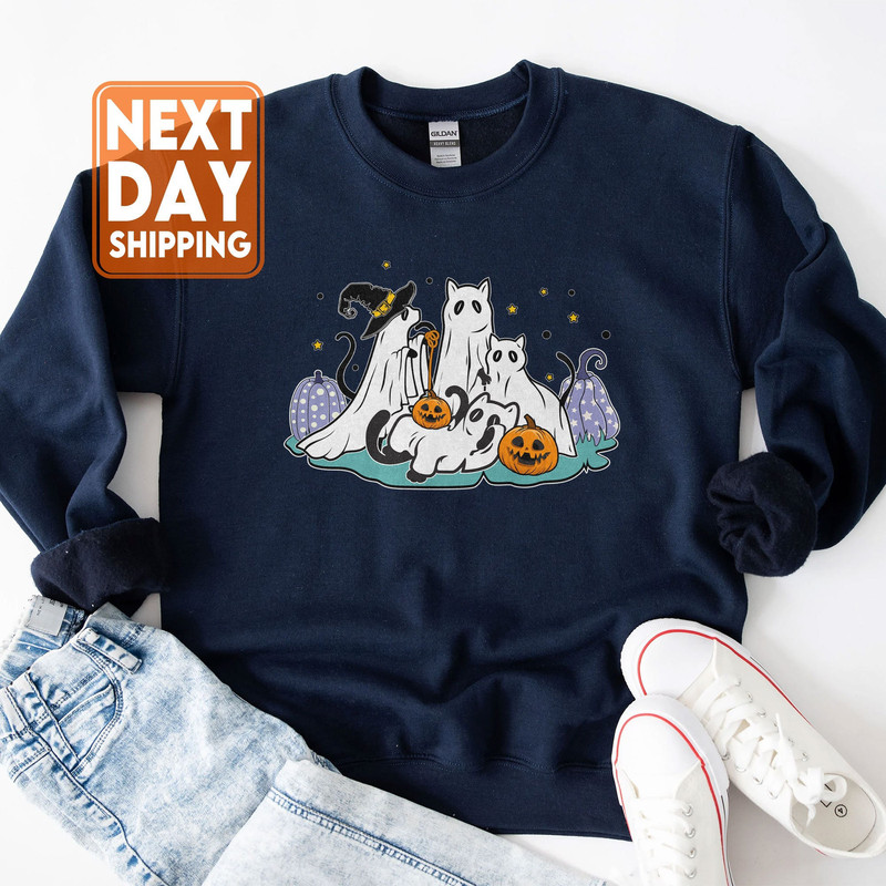 Black Cats in Ghost Costume Cute Halloween Sweatshirt - 3.jpg