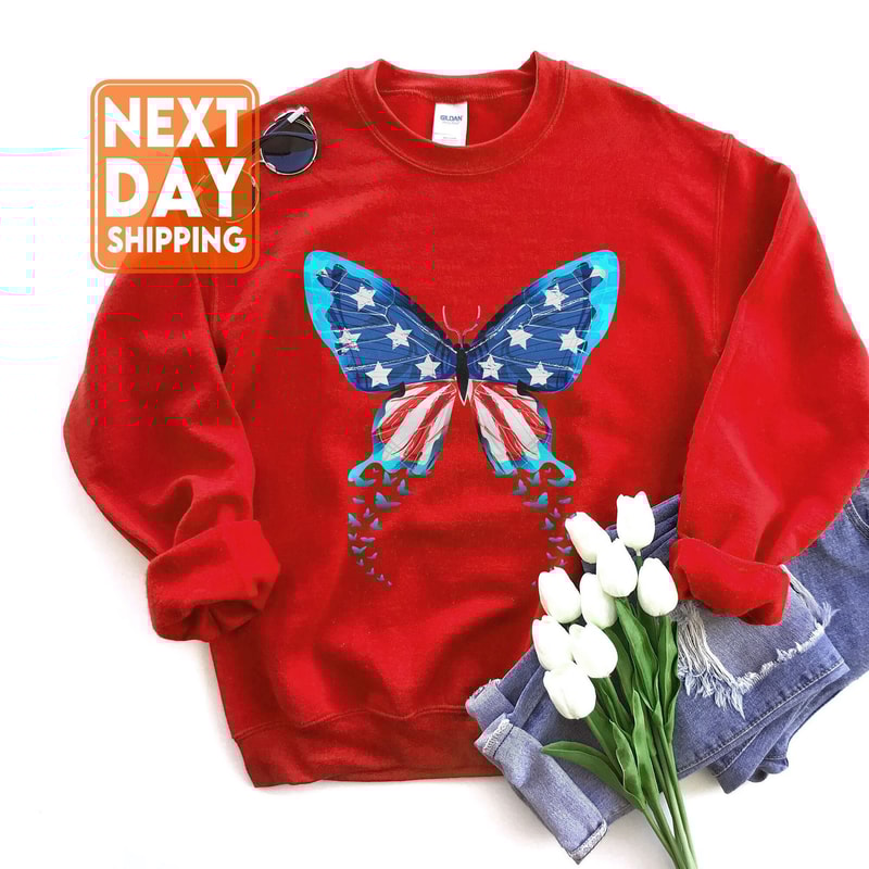 Butterfly USA Flag Cute 4th Of July Funny American Girl Sweatshirt - 1.jpg