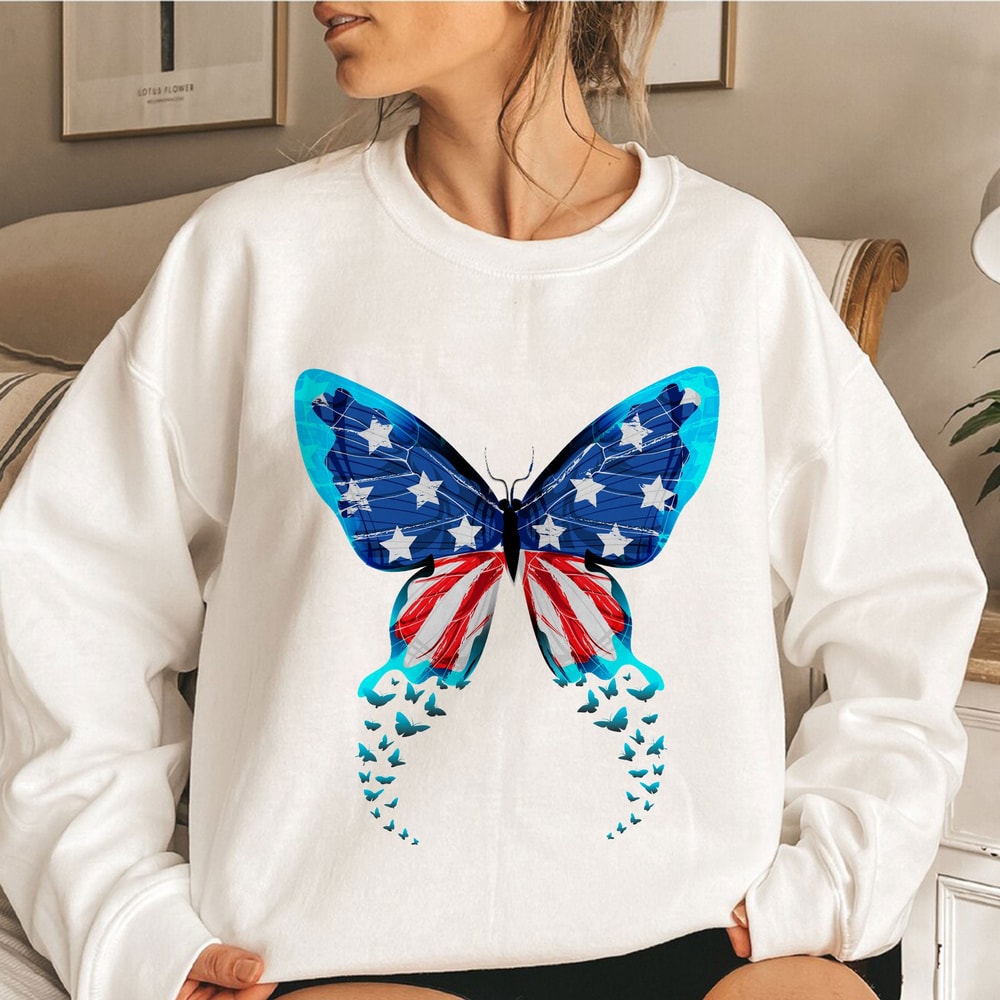 Butterfly USA Flag Cute 4th Of July Funny American Girl Sweatshirt - 4.jpg
