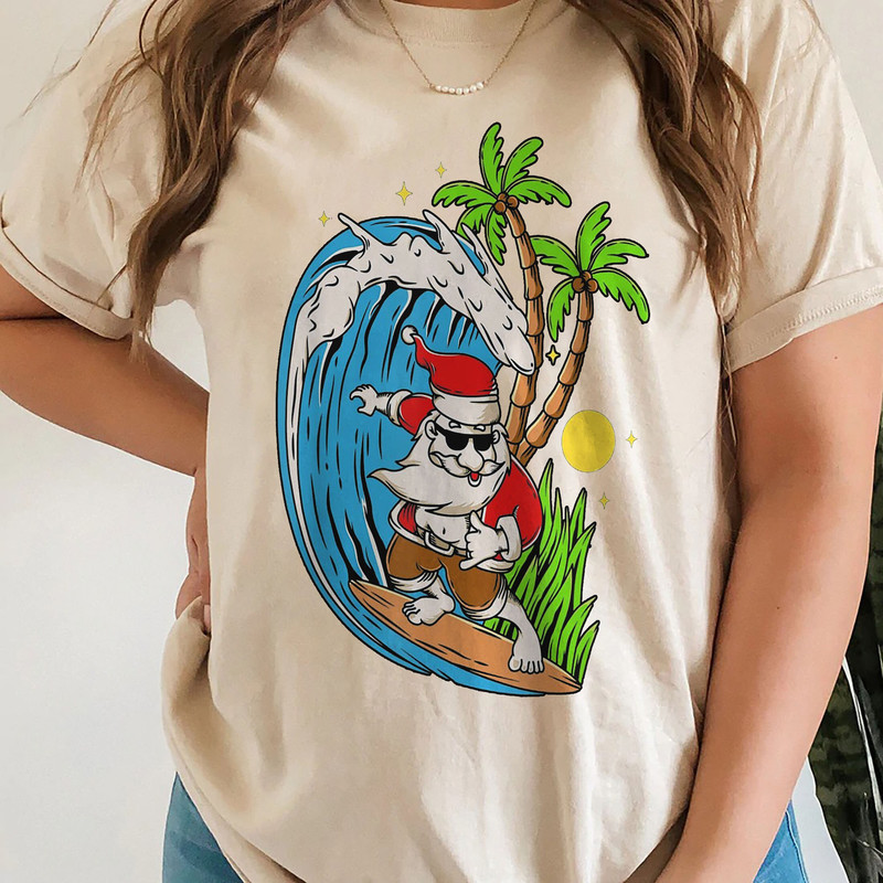Christmas in July Summer Santa Claus Beach Hawaii Surf T-Shirt - 2.jpg