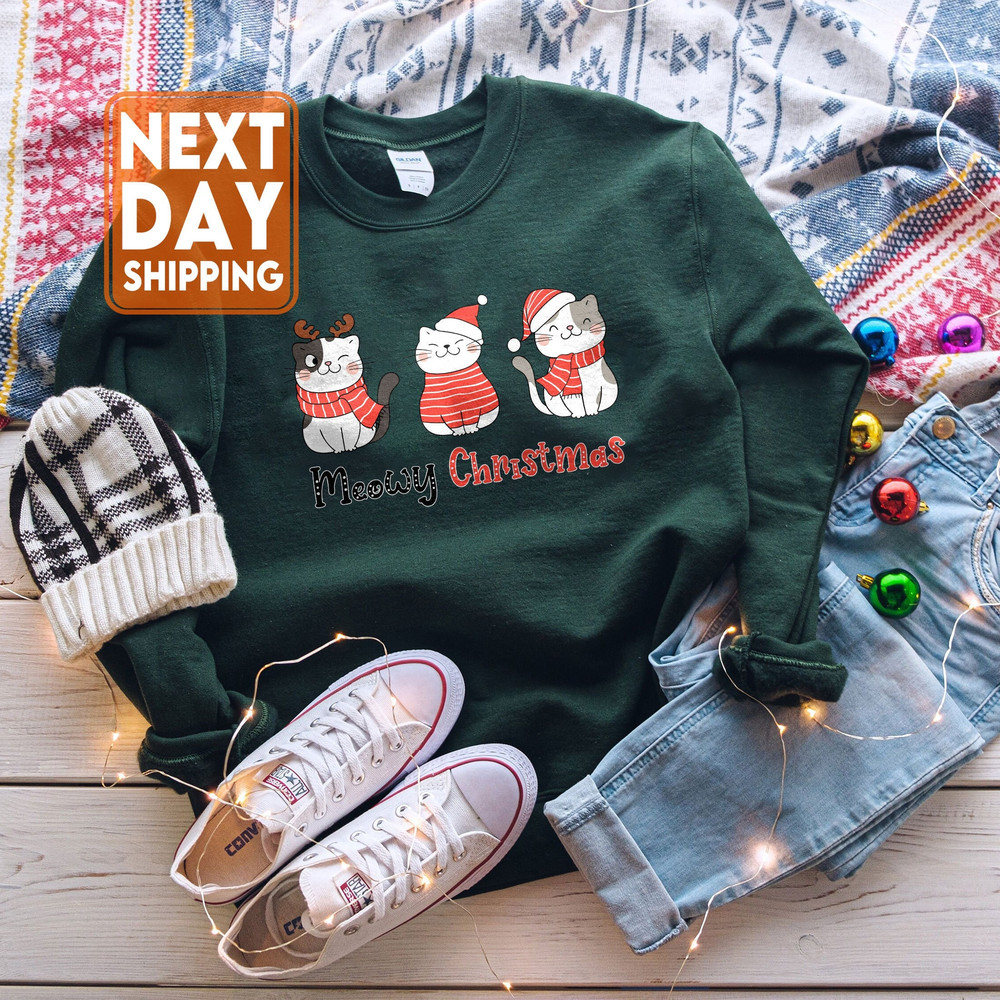 Cute Cats Meowy Christmas Sweatshirt, Cute Winter Hoodie, Christmas Shirt, Christmas Party T-shirt, Cat Lover Crewneck, Santa Claus Tee - 3.jpg