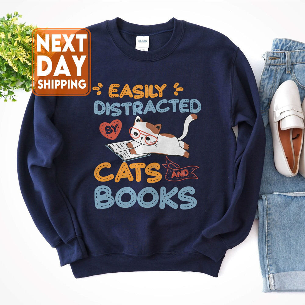Easily Distracted by Cats and Books - Cat & Book Lover T-Shirt - 1.jpg