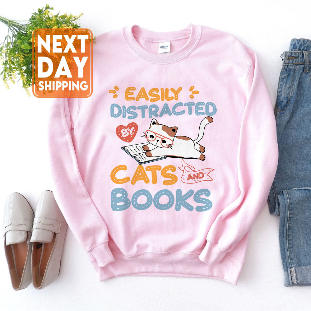 Easily Distracted by Cats and Books - Cat & Book Lover T-Shirt - 3.jpg