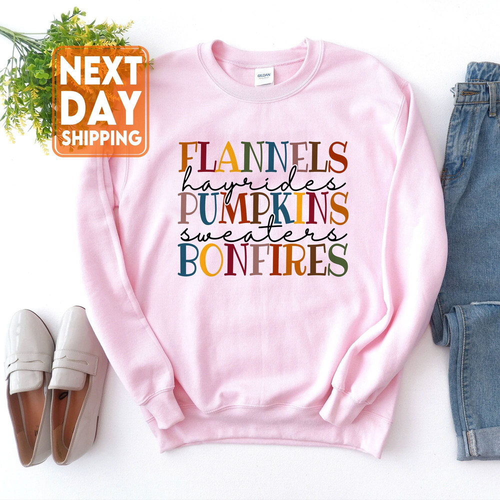 Flannels Pumpkins Hayrides S'mores and Bonfires Sweatshirt, Fall Shirt, Fall Tee, Pumpkin Spice, Cute Fall Hoodie, Autumn Shirt, Fall Shirts - 1.jpg