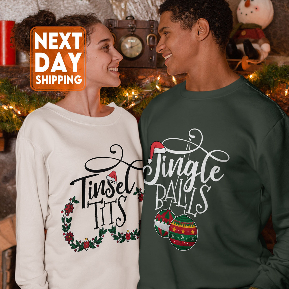 Funny Couples Christmas Shirts, Jingle Balls and Tinsel Tits Shirts, Christmas Party, Couples Outfits, Holiday Party Couple Shirts - 3.jpg