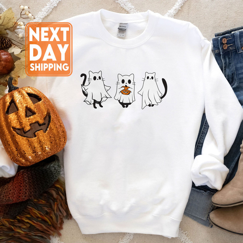 Ghost Cat Sweatshirt, Halloween Cat Sweatshirt, Cat Pumpkin Sweater, Black Cat Shirt, Halloween Crewneck, Funny Halloween, Fall Sweater - 4.jpg