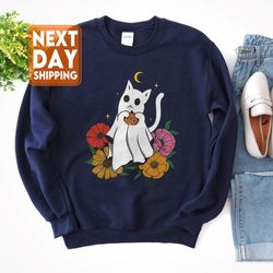 halloween ghost cat scary pumpkin floral cat lover sweatshirt