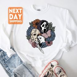 halloween floral horror movie sweatshirt, retro horror movie killers crewneck, horror