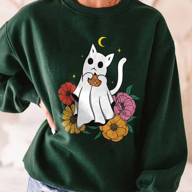 Halloween Ghost Cat Scary Pumpkin Floral Cat Lover Sweatshirt - 3.jpg
