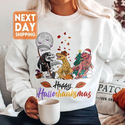 halloween thanksgiving christmas crewneck sweatshirt, happy hallothanksmas t rex shir