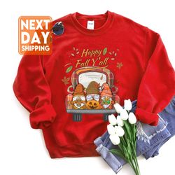 happy fall yall gnomes sweatshirt, vintage gnomes plaid, pumpkin spice coffee, thank