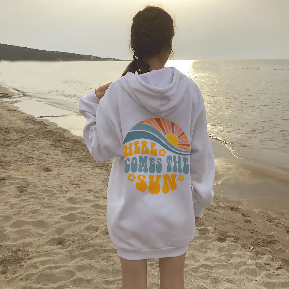 Here Comes The Sun Hoodie, Beach Sweatshirt, Trendy hoodie, Hoodie with words on back, Aesthetic Shirt, Preppy Shirt, Wavy Words - 2.jpg