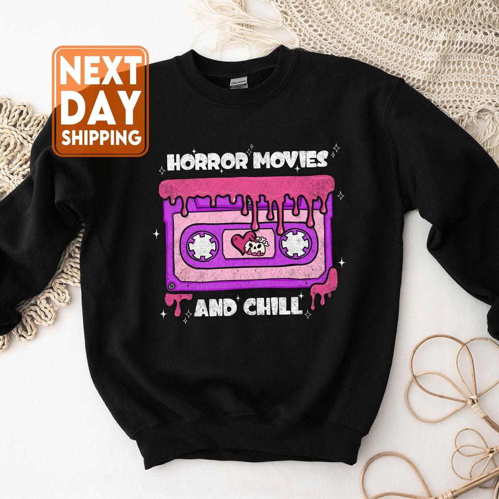 Horror Movies and Chill Distressed Sweatshirt, Horror Movies Sweatshirt, Horror Movies Sweatshirt for Halloween, Halloween Sweatshirt - 1.jpg