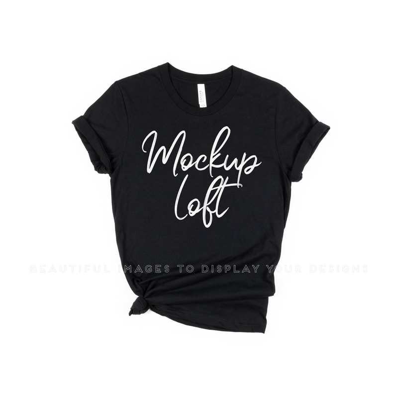 Bella Canvas 3001 Mockup Black Bella Canvas Black T Shirt Mockup Knotted T-shirt Flat Lay Mockup SKU T0206 - 1.jpg
