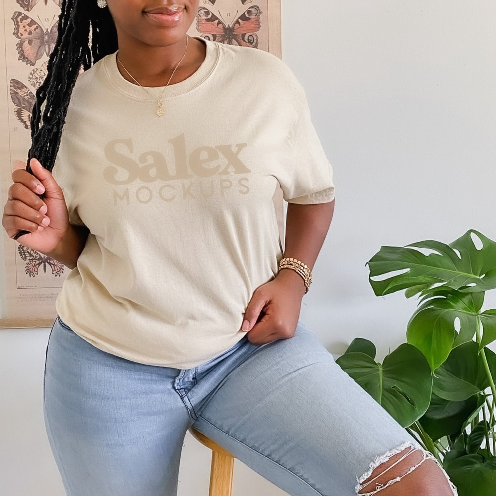 Black Model Mockup, Gildan Mockup, Gildan 5000 Sand, Sand T-Shirt Model Mock up, Black Woman Mockup - 1.jpg