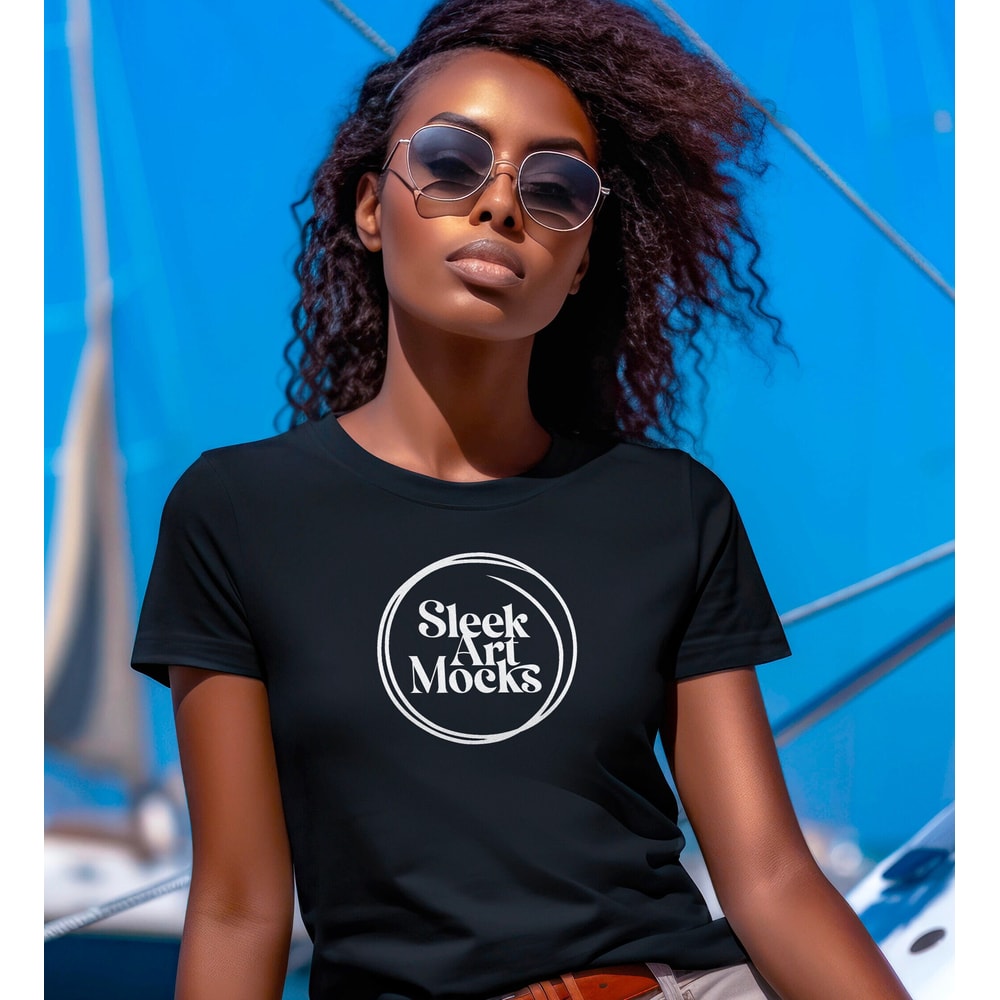 Mockup of a Woman wearing a Black Bella Canvas 3001 T-shirt, Female Model, Girl Styled Shirt Mockup, Nautical Tshirt w sailboat background - 1.jpg