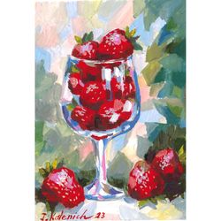 strawberries in a glass. original gouache painting 7,8x5,5"