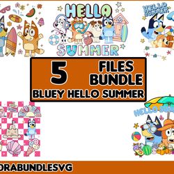 bluey bingo hello summer png, bluey and bingo heeler family png, beach summer vibes instant download high quality