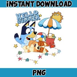 bluey bingo hello summer png, bluey and bingo heeler family png, beach summer vibes instant download