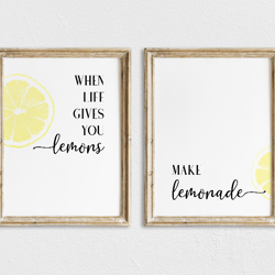 when life gives you lemons make lemonade, printable wall art, inspirational quotes, funny kitchen prints, lemons artwork