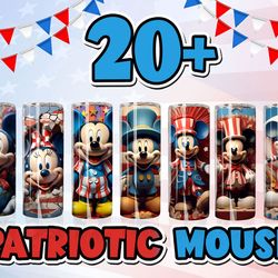3d mouse 4th of july tumbler sublimation design, cartoon 20 oz skinny straight & tapered tumbler, tumbler wrap png, inst