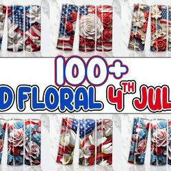 floral 4th of july tumbler wrap png bundle, 3d red white blue floral tumbler png, patriotic floral tumbler design png, i