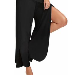 Women's Pants Solid Casual High Slit Flowy Layered Loose Wide Leg Pants