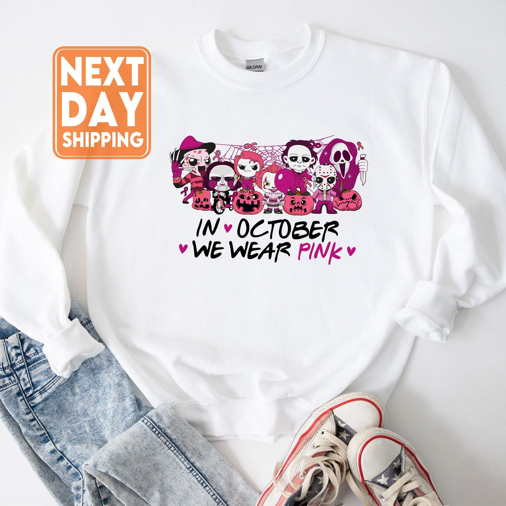 In October We Wear Pink Halloween Shirt, Motivational Shirt, Breast Cancer Awareness Shirt, Cancer Support Tee, Horror Movie Sweatshirt - 1.jpg