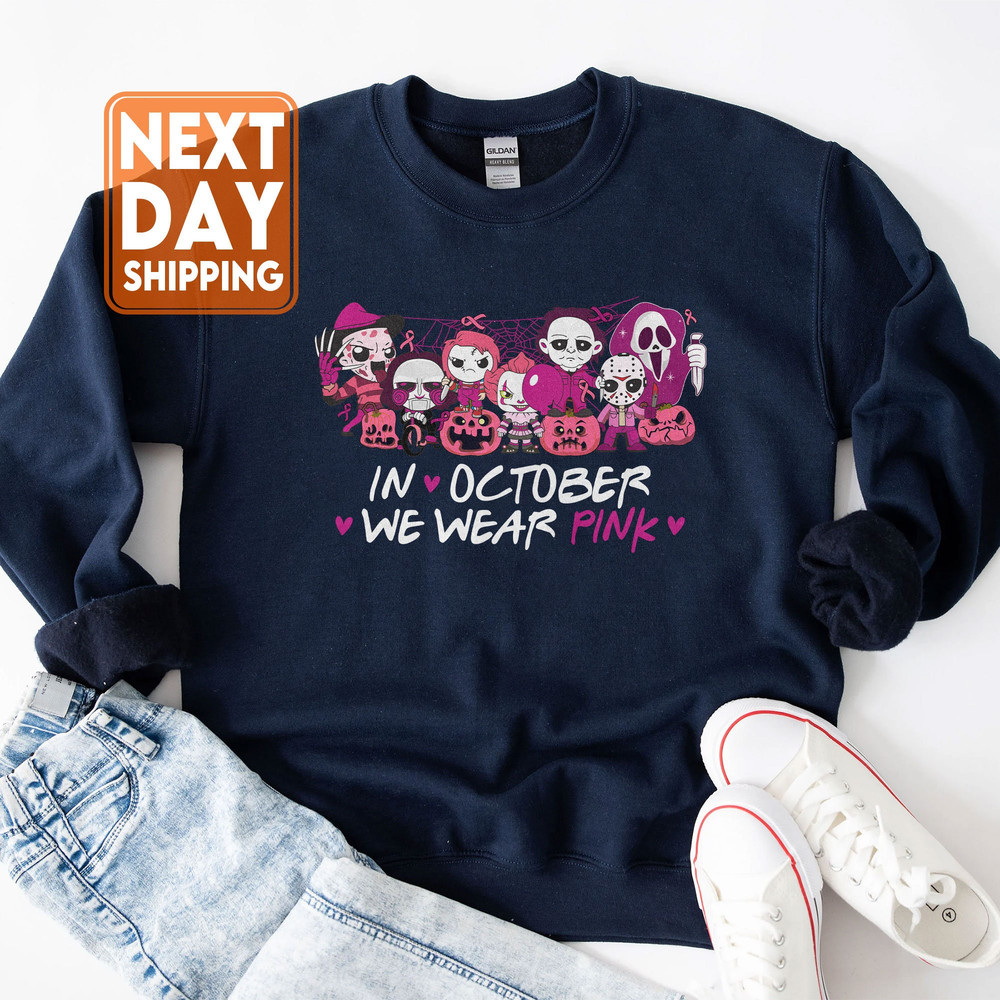In October We Wear Pink Halloween Shirt, Motivational Shirt, Breast Cancer Awareness Shirt, Cancer Support Tee, Horror Movie Sweatshirt - 3.jpg