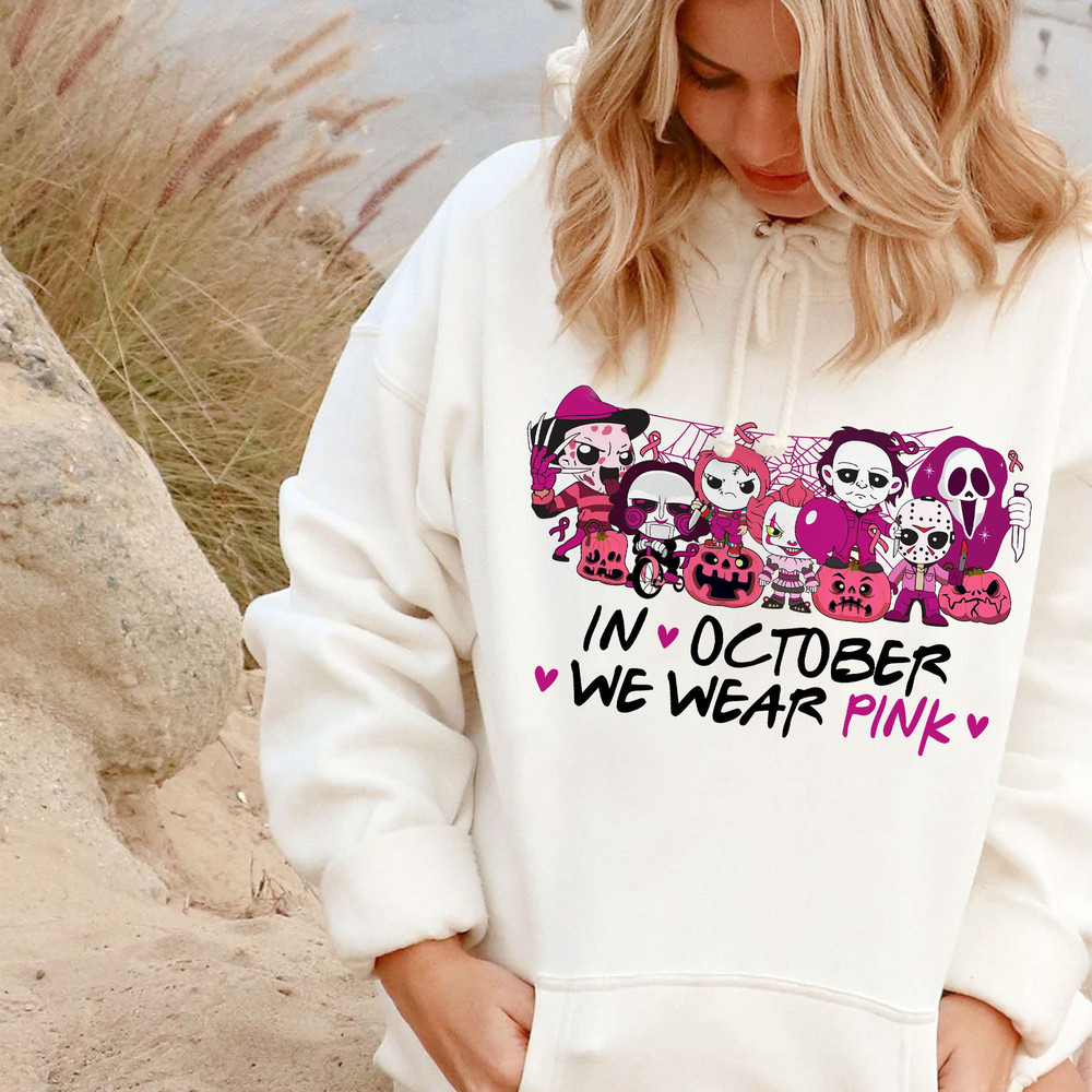 In October We Wear Pink Halloween Shirt, Motivational Shirt, Breast Cancer Awareness Shirt, Cancer Support Tee, Horror Movie Sweatshirt - 5.jpg