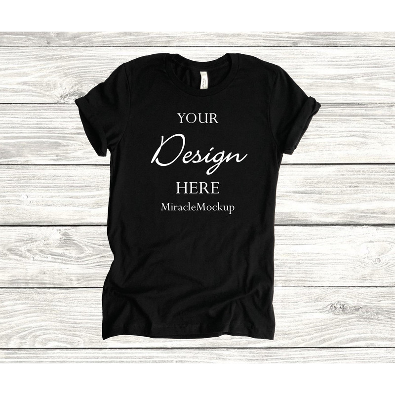 Bella Canvas 3001 Black MockUp Shirt Unisex Men's Women's Mock-Up Flat Lay Tee Wood Background Mock Up T-Shirt Design Template c1 - 1.jpg