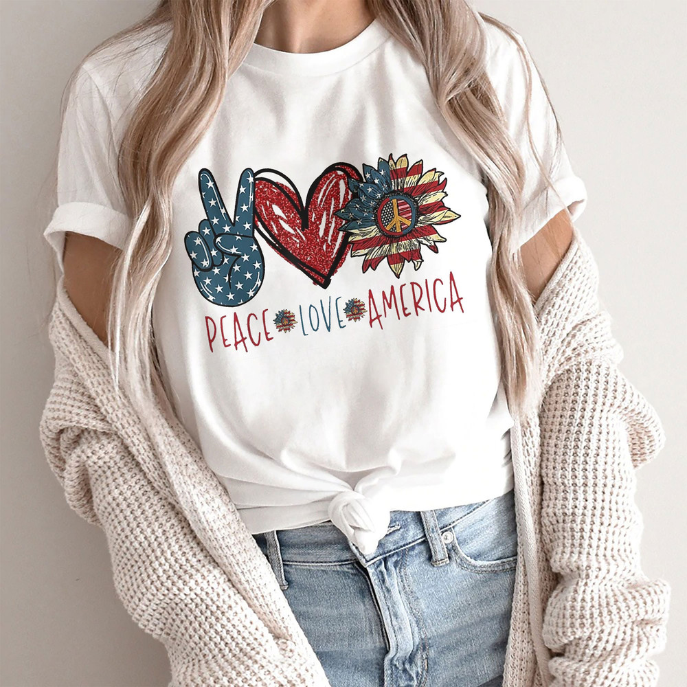 Peace Love American Tshirt, American Flag Sunflower, 4th of July Peace Shirt, Patriotic Sunflower Tee, Peace Love American T-Shirt - 2.jpg