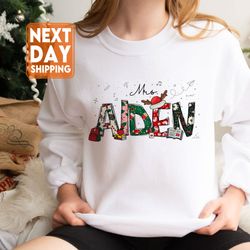 personalized christmas teacher sweatshirt, teacher shirt, christmas doodle letters,te
