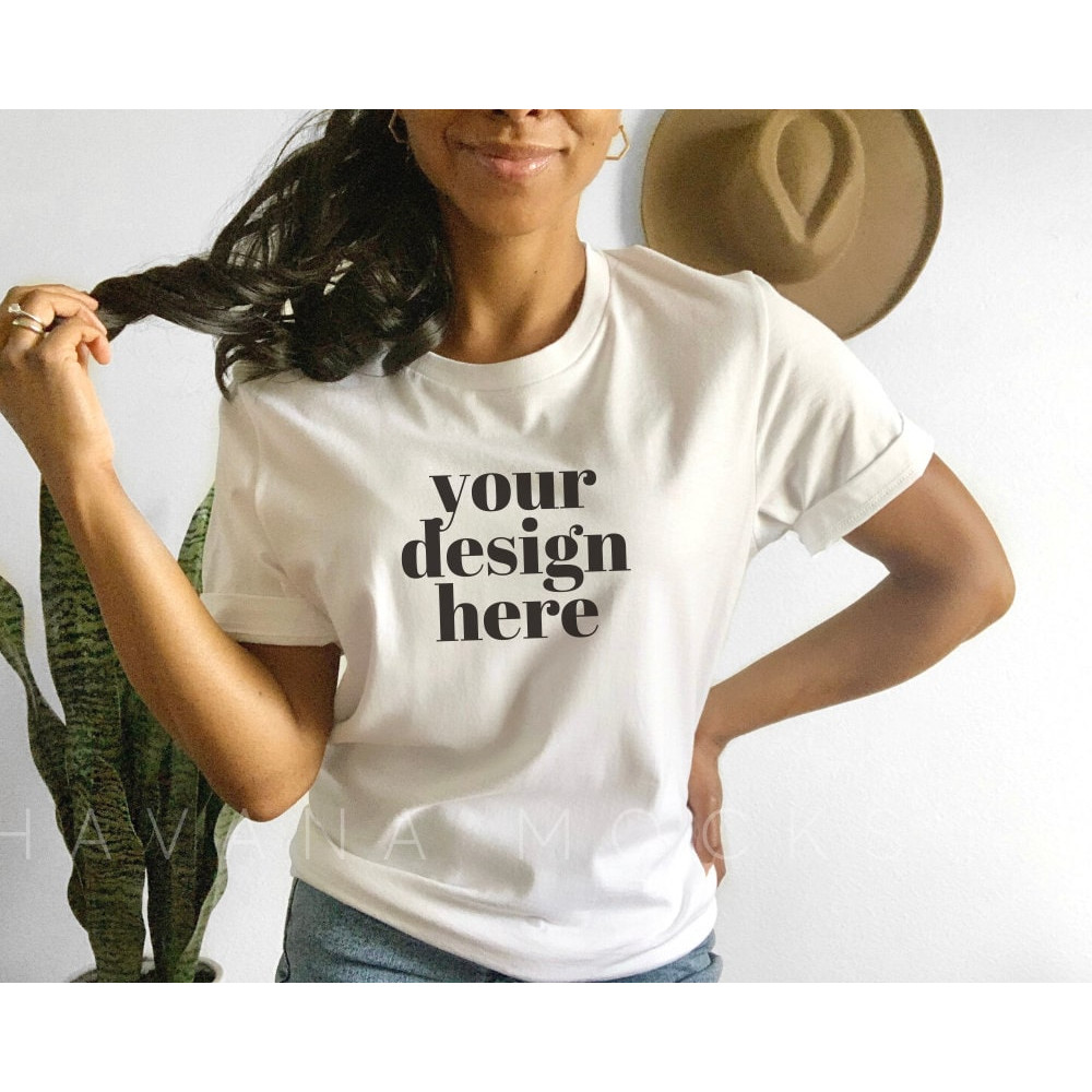 Black Model Mockup, Bella Canvas Mockup, Bella Canvas 3001 White, White T-Shirt Model Mock up, Black Woman Mockup, Boho Model Mockup - 1.jpg