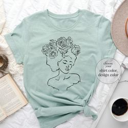 floral woman shirt, woman line art shirt, girl silhouette shirt, rose lover shirt, beautiful black woman shirt, rose lin