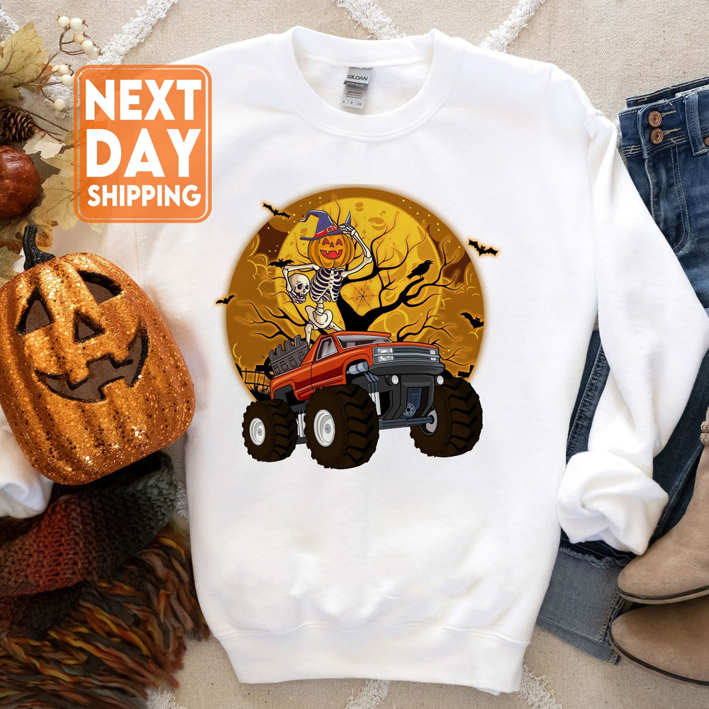 Skeleton Monster Truck Moon Candy Halloween Sweatshirt, Spooky Season Crewneck - 1.jpg
