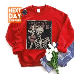 staying alive coffee womens halloween sweatshirt, halloween crew neck, fall hoodie, t