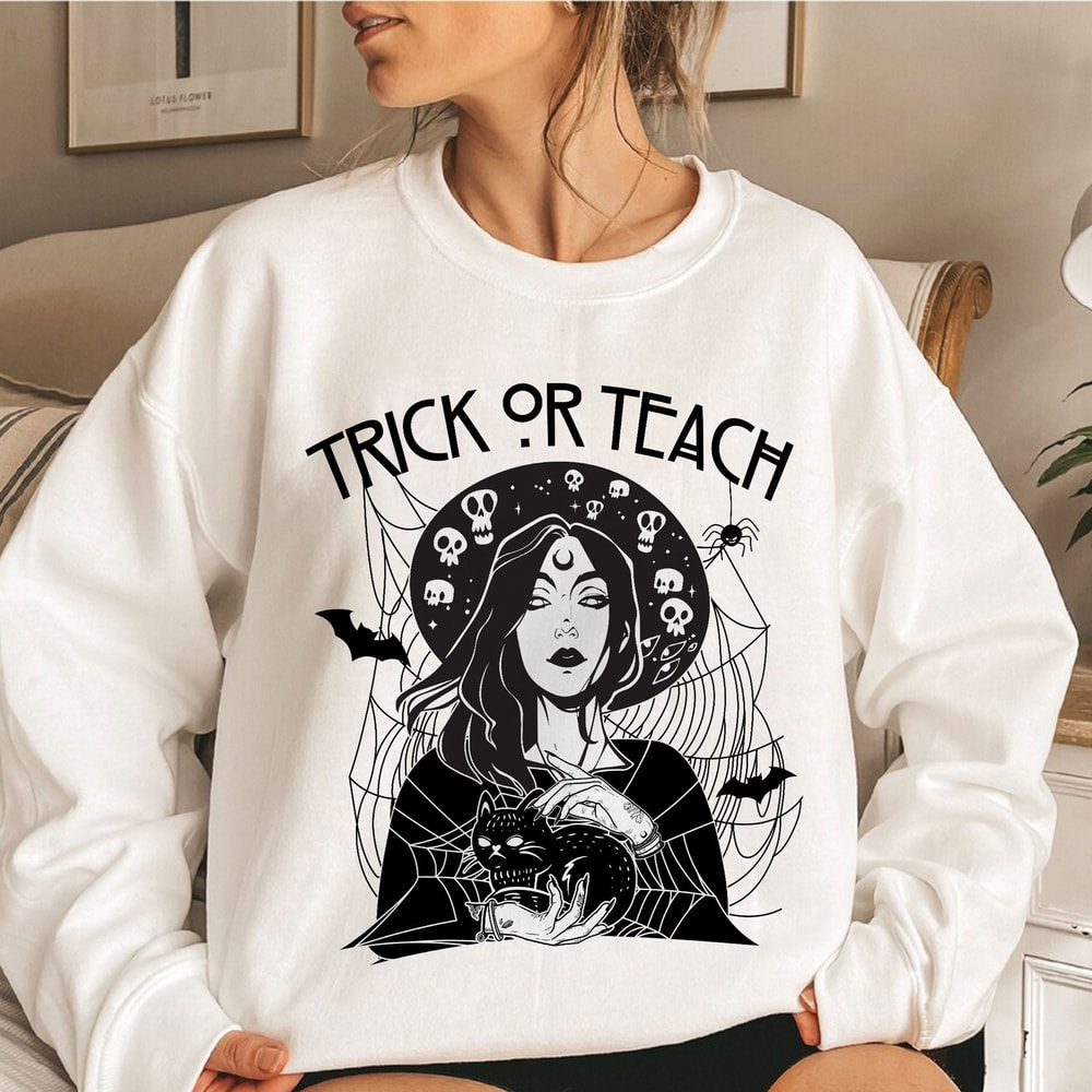 Teacher Halloween Sweatshirt, Trick or Teach Hoodie, Halloween Shirts for Teachers, Halloween Shirt Retro Halloween Graphic Tee - 1.jpg