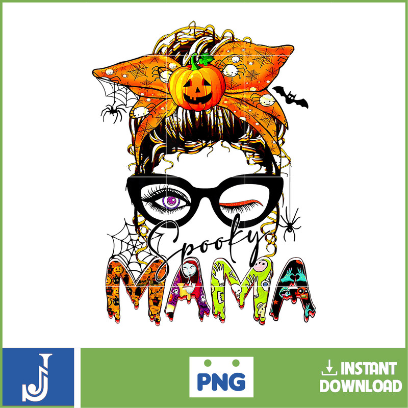 Messy Bun Spooky Mama Pumpkin Halloween Party T-Shirt.jpg