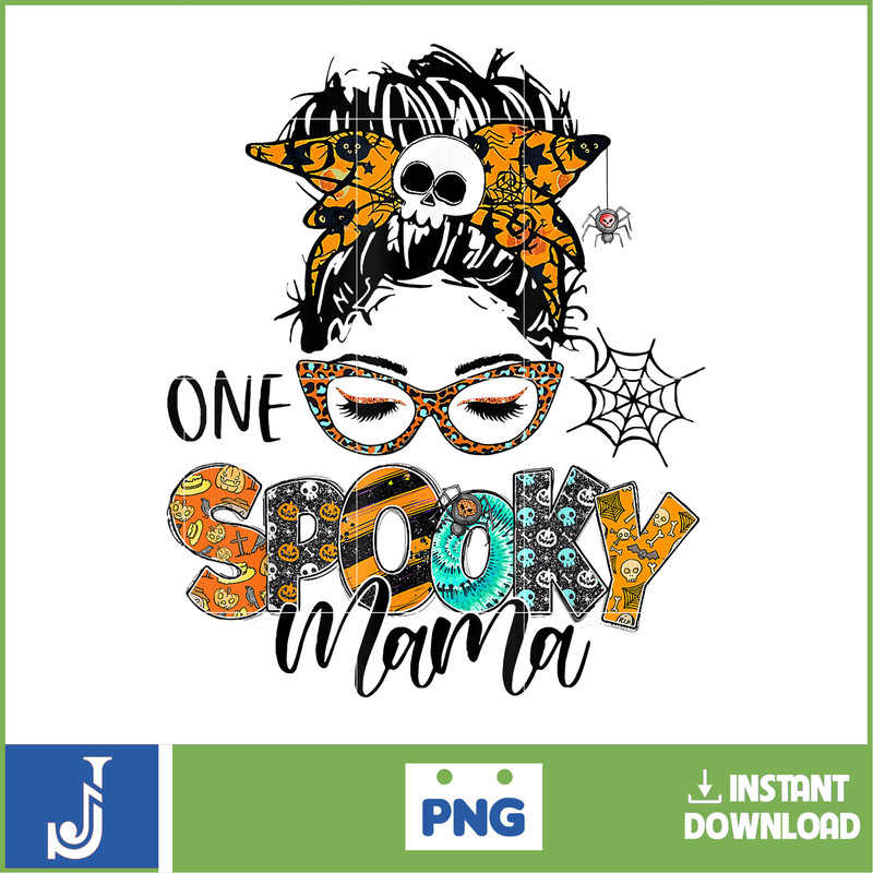 One Spooky Mama For Halloween Messy Bun Mom Monster Bleached T-Shirt.jpg