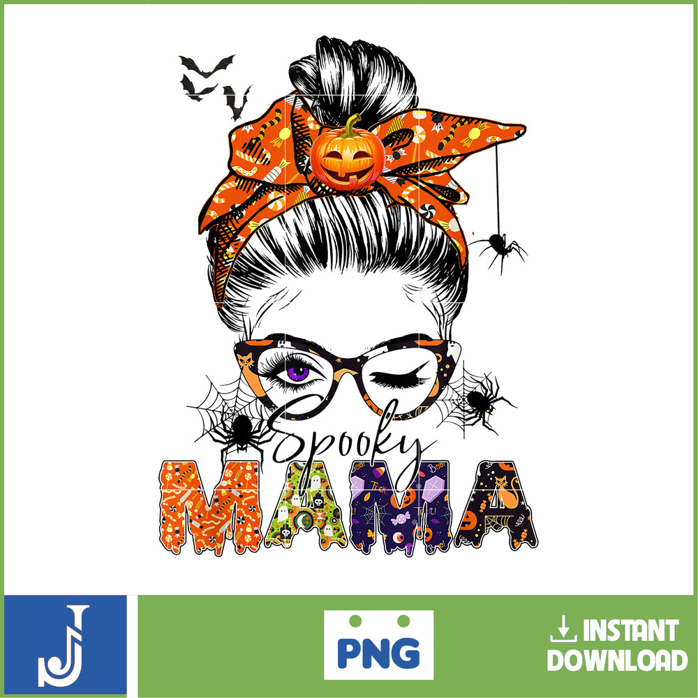 One Spooky Mama For Halloween Messy Bun Mom Monster Bleached T-Shirt_1.jpg