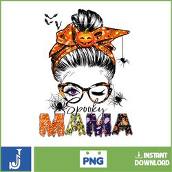 one spooky mama for halloween messy bun mom monster bleached t-shirt